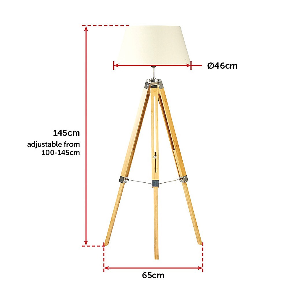 Wood tripod floor lamp with white fabric shade and chrome accents