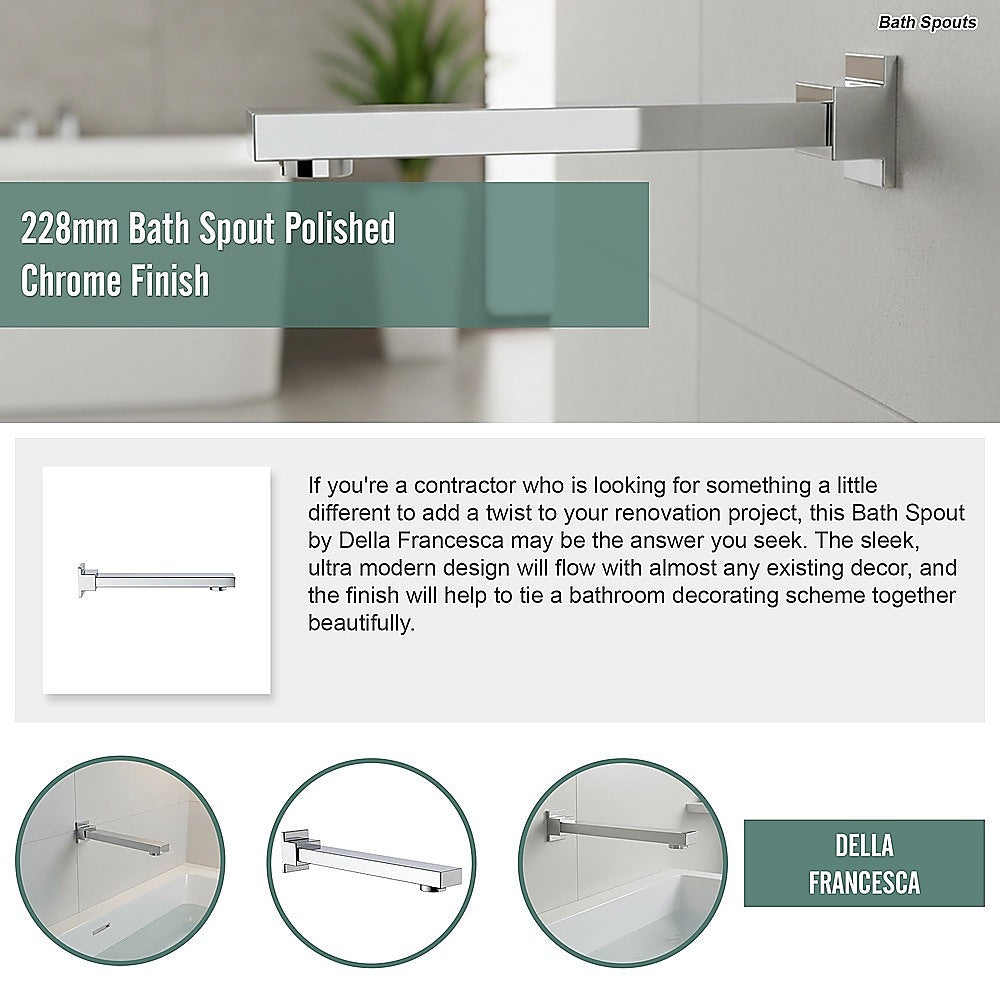 Polished chrome 228mm bath spout, detail view