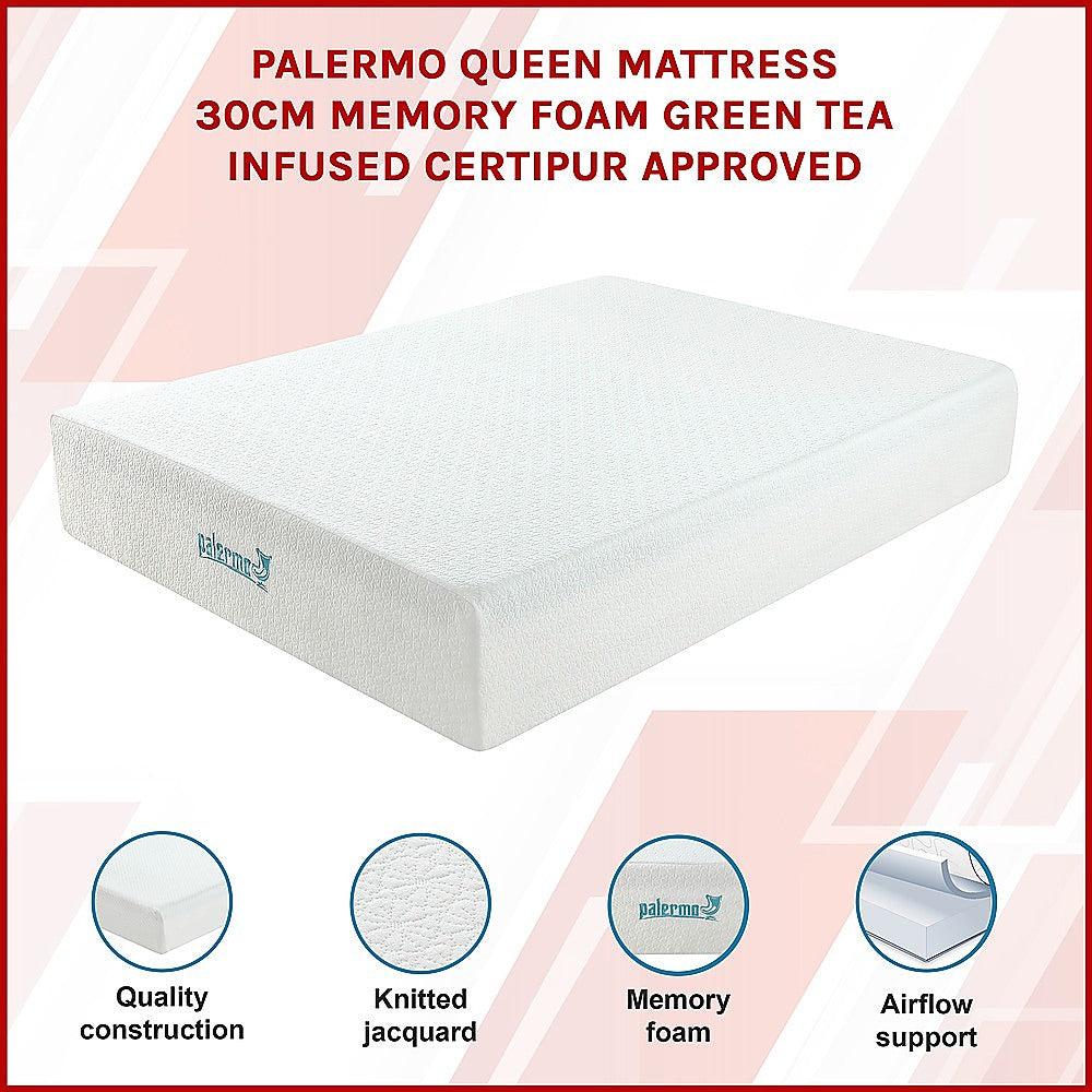 Medium green tea memory foam mattress, 30cm queen