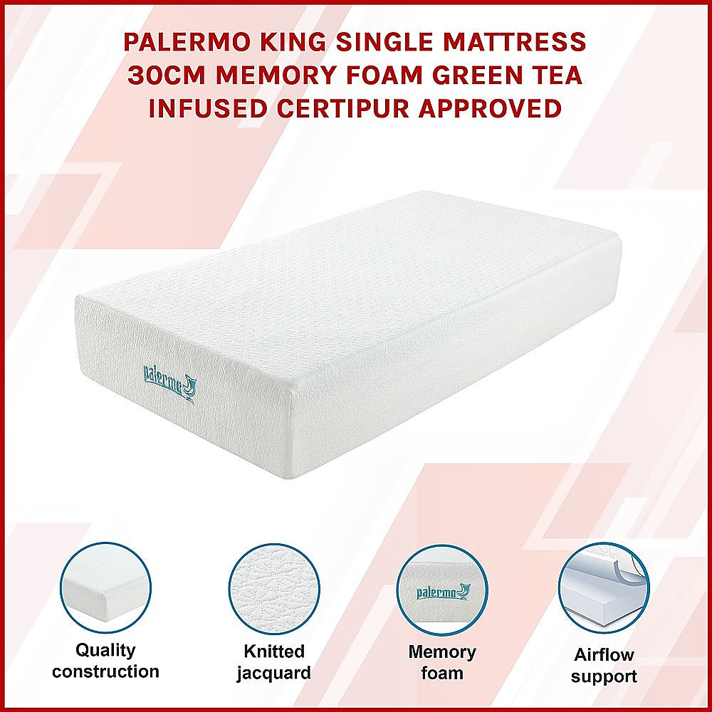 Medium green tea memory foam mattress, 30cm king single