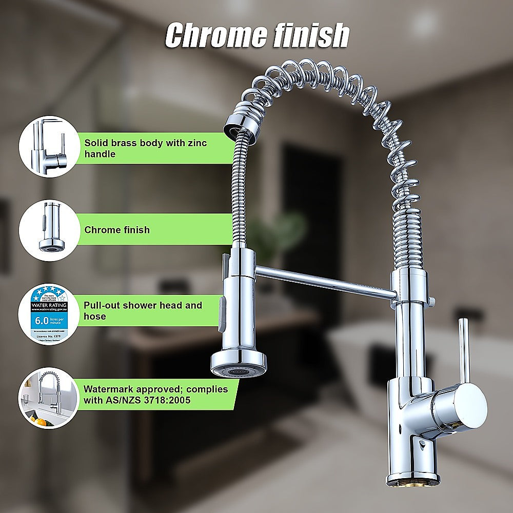 Compact solid brass pull out kitchen mixer tap in chrome