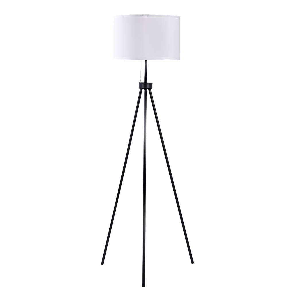 Mid century tripod floor lamp with ivory drum shade and black legs