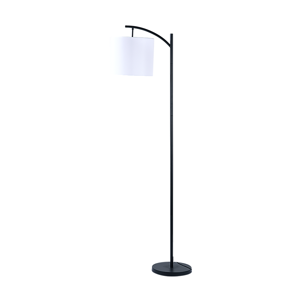 Arched floor lamp with ivory drum shade and black metal stand