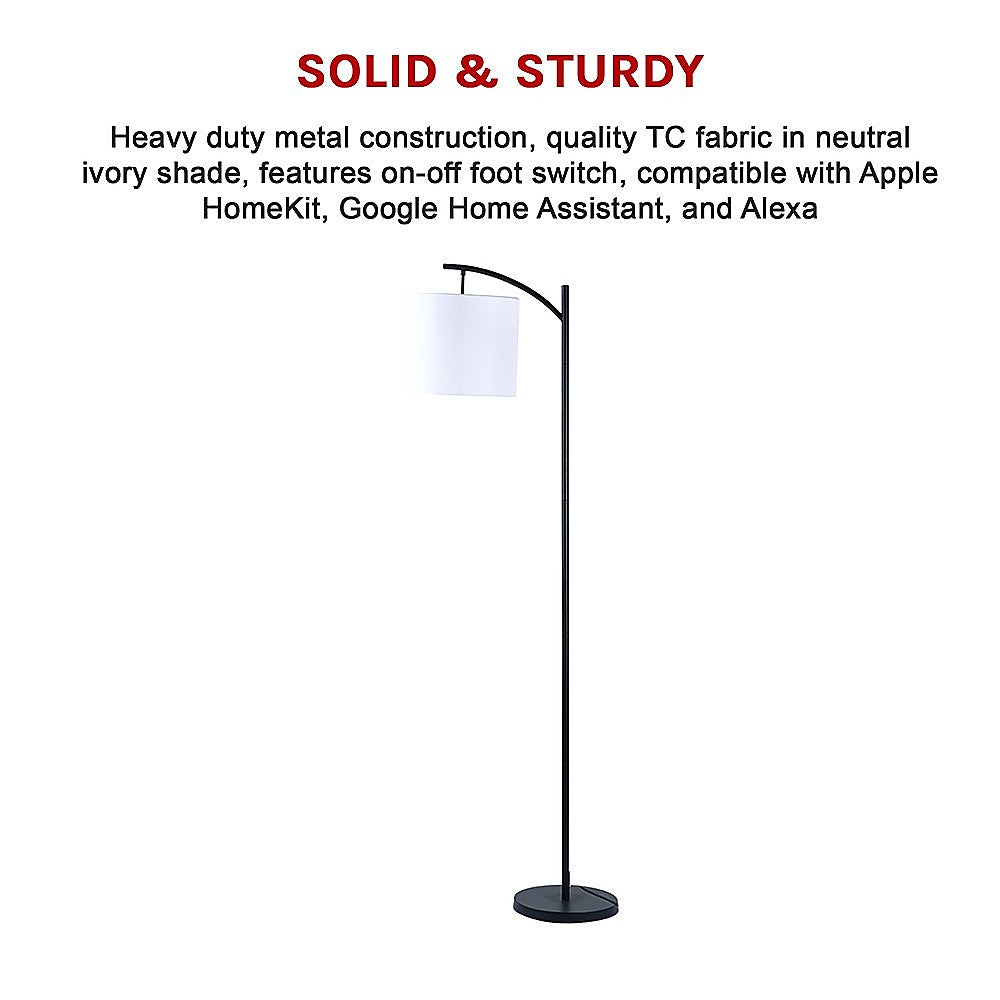 Arched floor lamp with ivory drum shade and black metal stand
