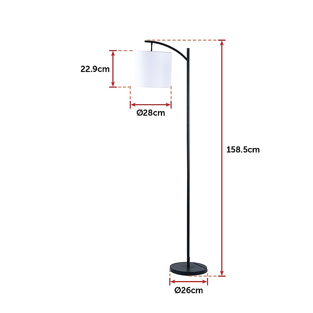 Arched floor lamp with ivory drum shade and black metal stand