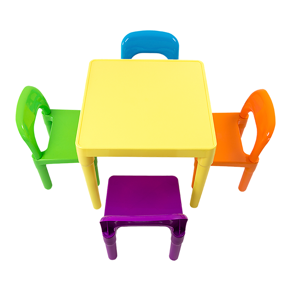 Kids table and chairs set in orange, green, blue, purple and yellow