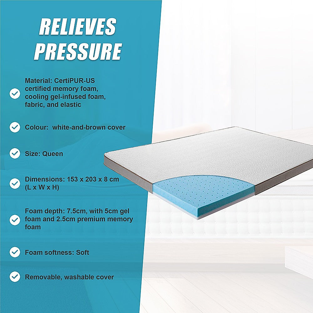 Cooling gel memory foam mattress topper, 7.5cm queen