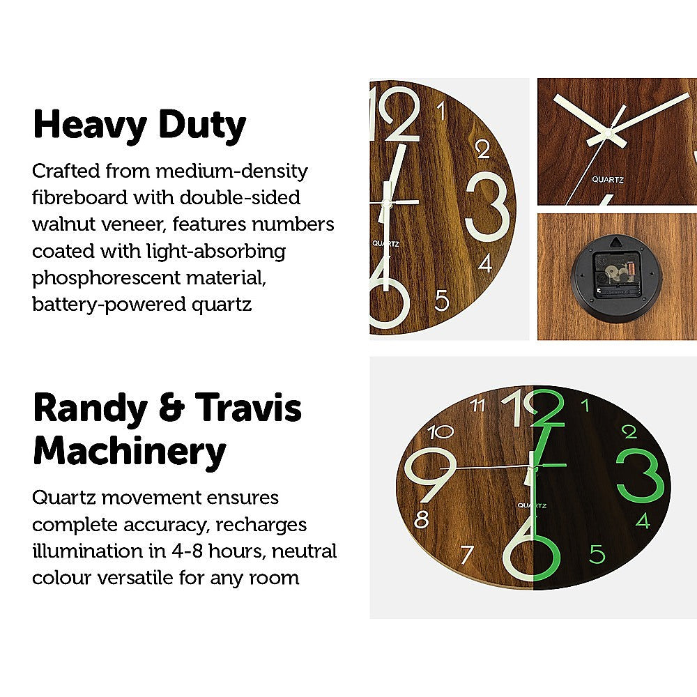 Glow in the Dark Wall Clock — Luminous Quartz Walnut Veneer 30cm — Allure Home Collections