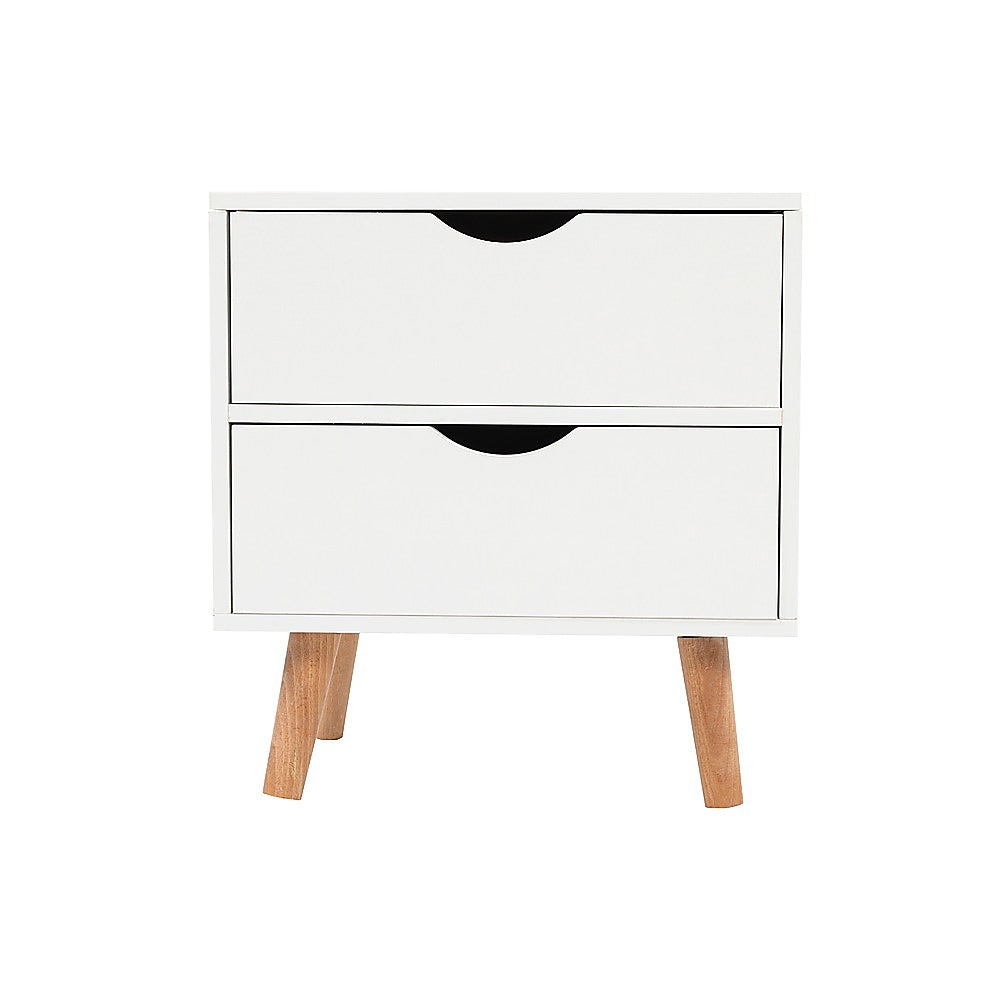 Brunswick Heads white two drawer bedside table in a Scandinavian styled bedroom