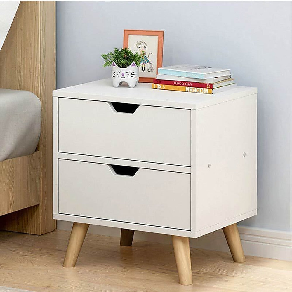 Brunswick Heads white two drawer bedside table in a Scandinavian styled bedroom