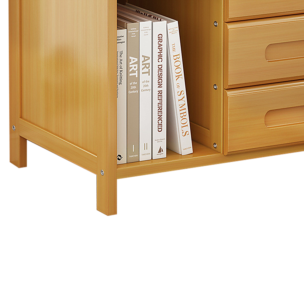 Mullumbimby natural bamboo three drawer bedside table with open shelf in a bright bedroom