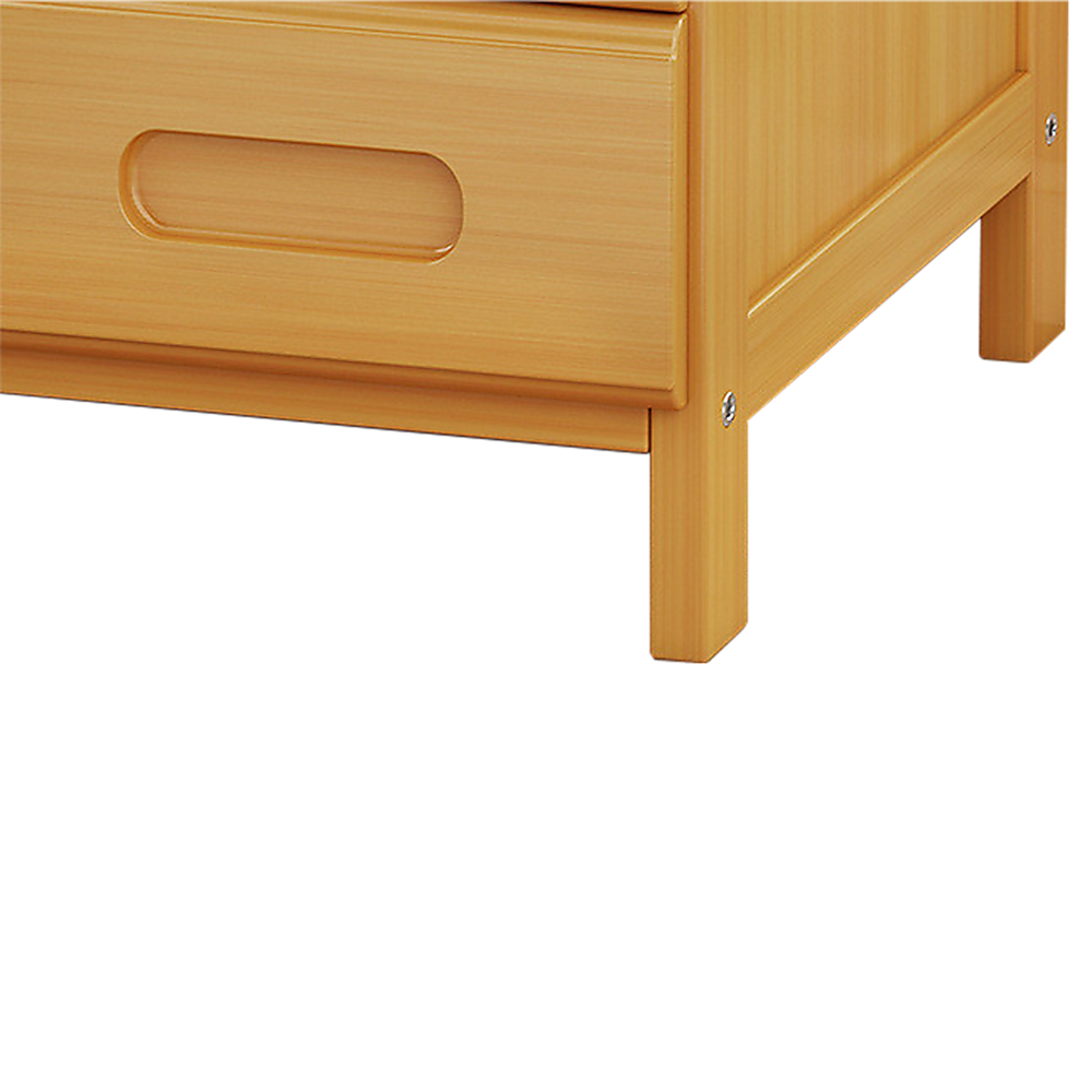 Mullumbimby natural bamboo three drawer bedside table with open shelf in a bright bedroom