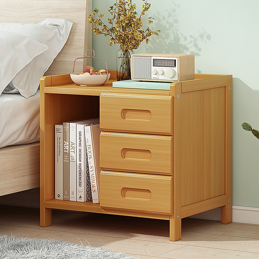 Mullumbimby natural bamboo three drawer bedside table with open shelf in a bright bedroom