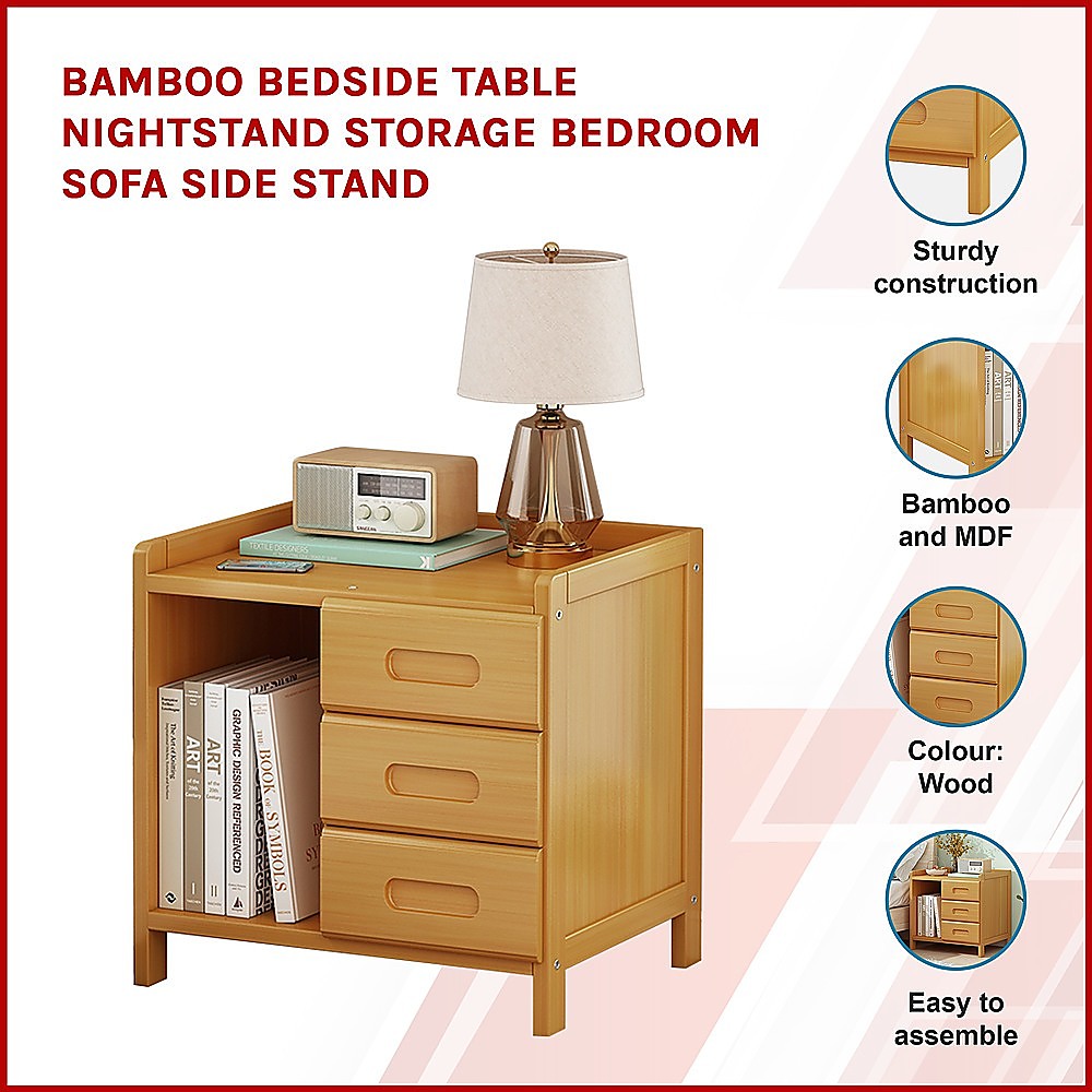 Mullumbimby natural bamboo three drawer bedside table with open shelf in a bright bedroom
