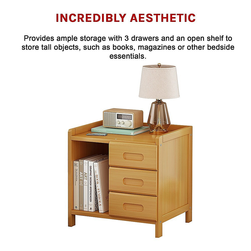 Mullumbimby natural bamboo three drawer bedside table with open shelf in a bright bedroom