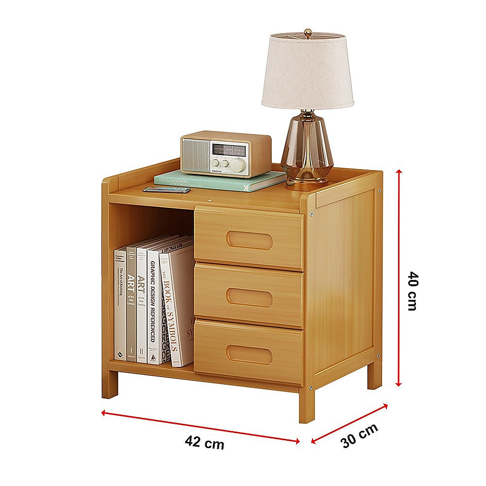 Mullumbimby natural bamboo three drawer bedside table with open shelf in a bright bedroom