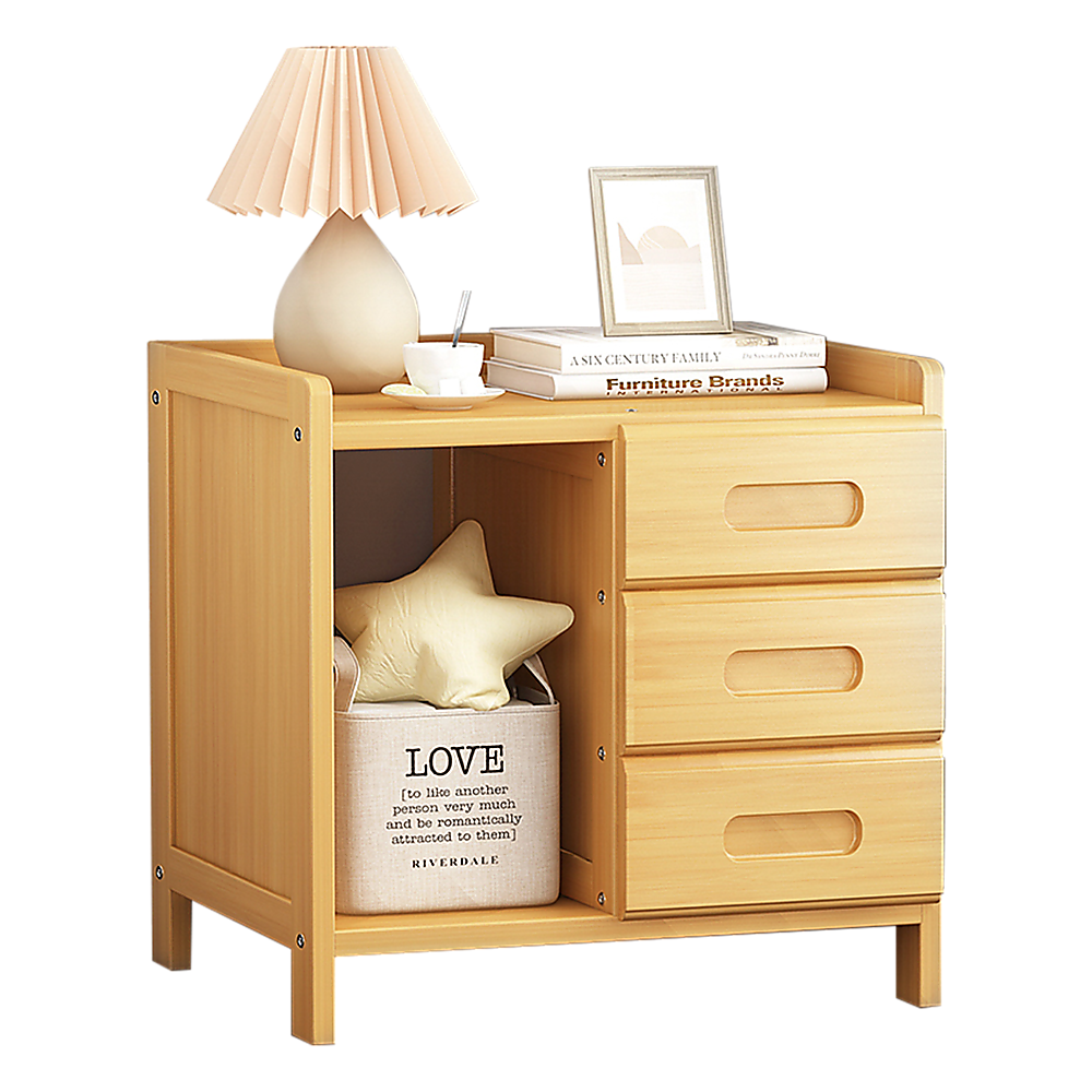 Mullumbimby natural bamboo three drawer bedside table with open shelf in a bright bedroom