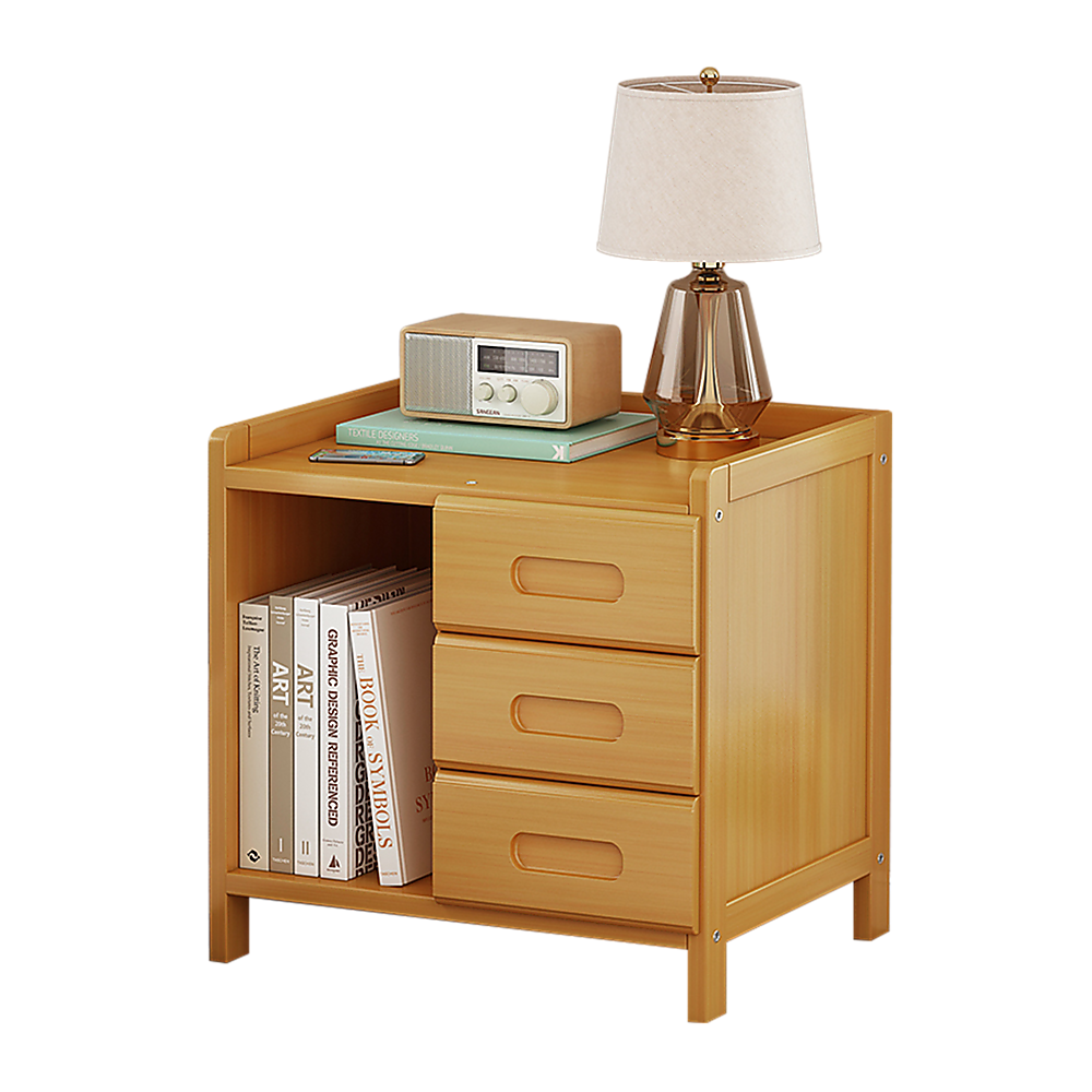 Mullumbimby natural bamboo three drawer bedside table with open shelf in a bright bedroom