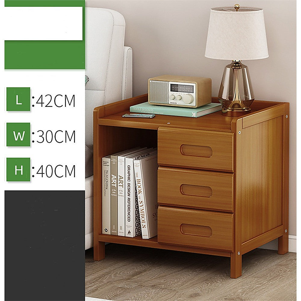 Mullumbimby dark wood bamboo three drawer bedside table with open shelf in a bright bedroom