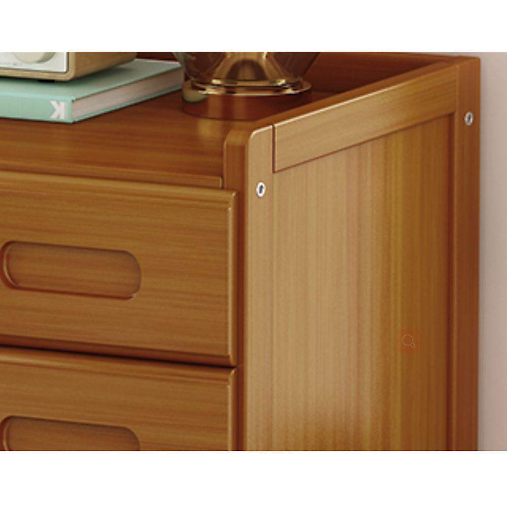 Mullumbimby dark wood bamboo three drawer bedside table with open shelf in a bright bedroom
