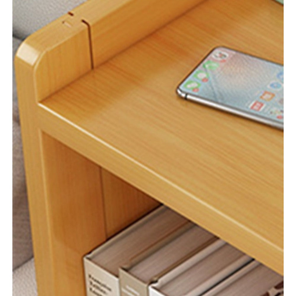 Ocean Shores natural compact bamboo bedside table with drawer and shelf in a bedroom