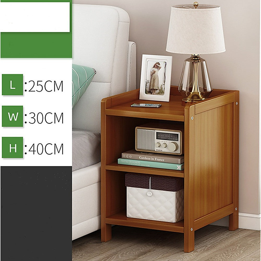 Ocean Shores dark wood compact bamboo bedside table with drawer and shelf in a bedroom