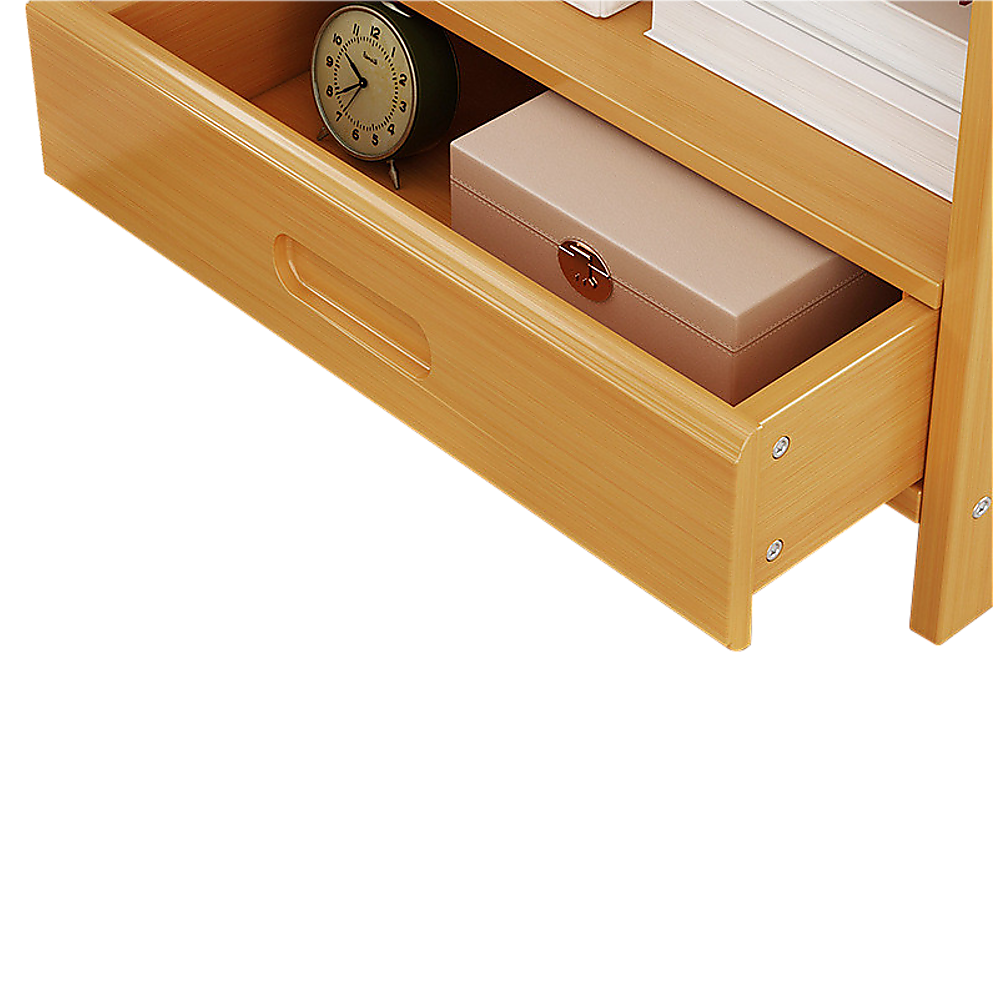 Bangalow natural bamboo three drawer bedside table styled in a calm coastal bedroom
