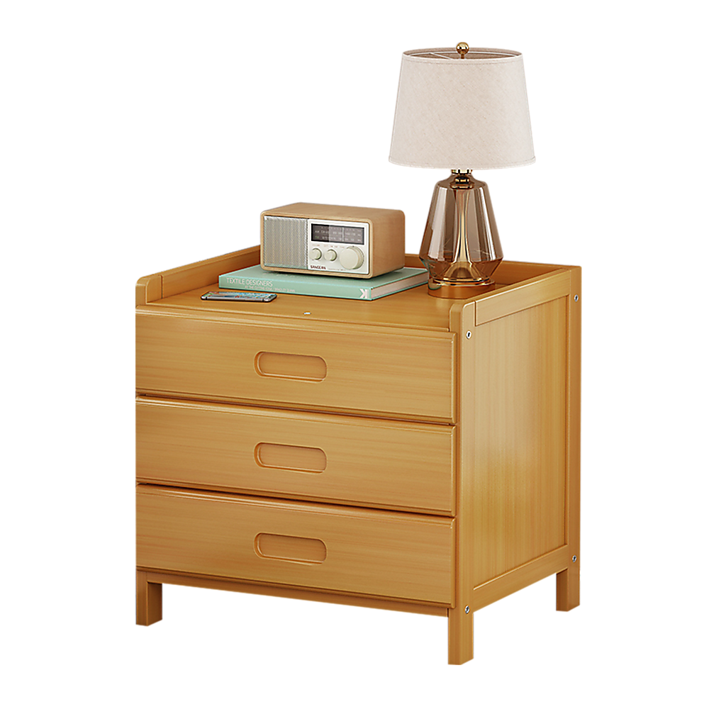 Bangalow natural bamboo three drawer bedside table styled in a calm coastal bedroom