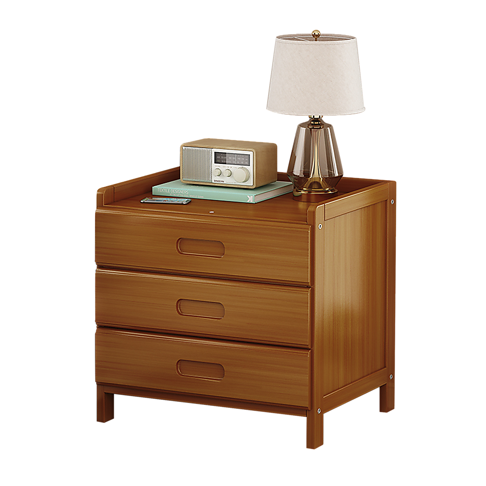 Bangalow dark wood bamboo three drawer bedside table styled in a calm coastal bedroom