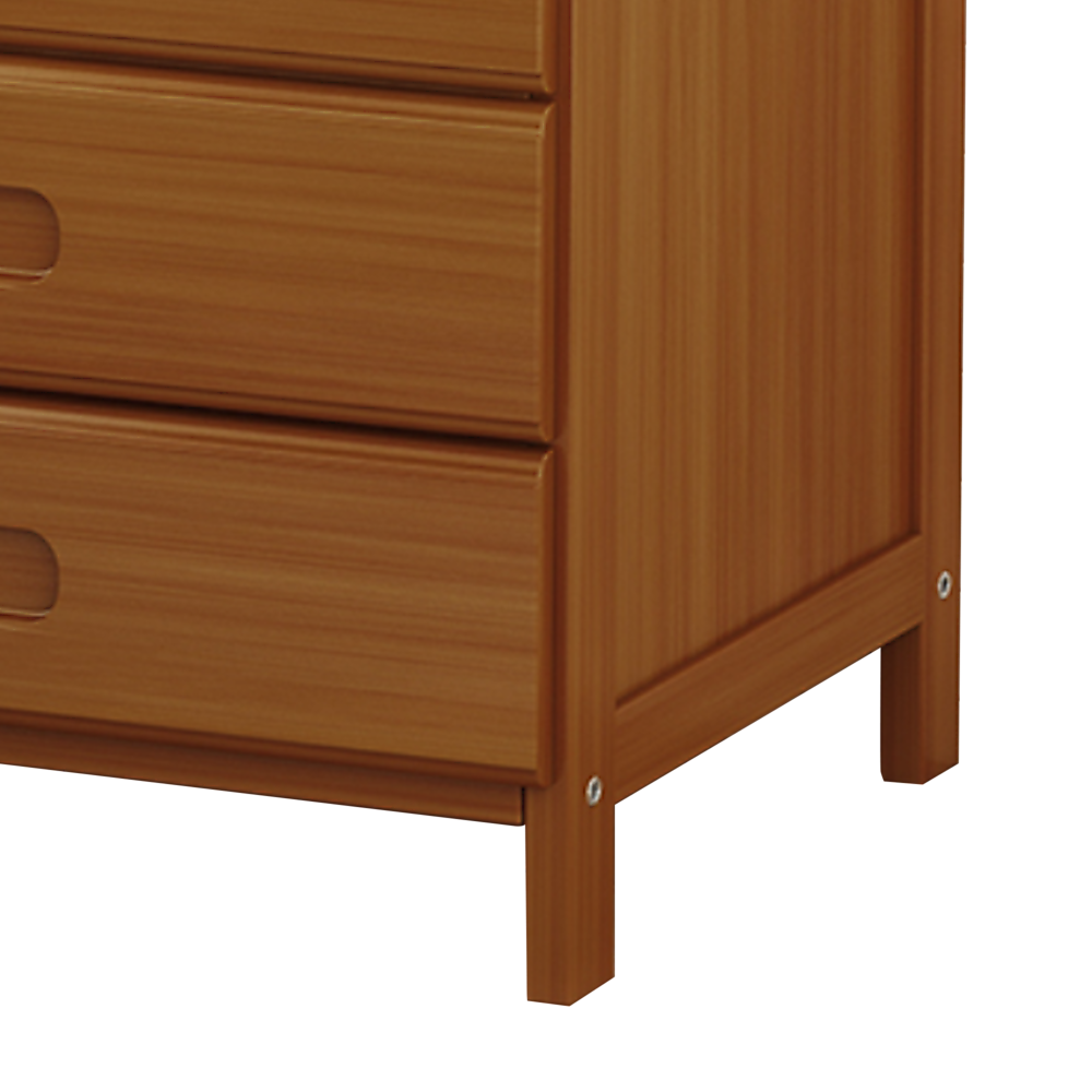 Bangalow dark wood bamboo three drawer bedside table styled in a calm coastal bedroom