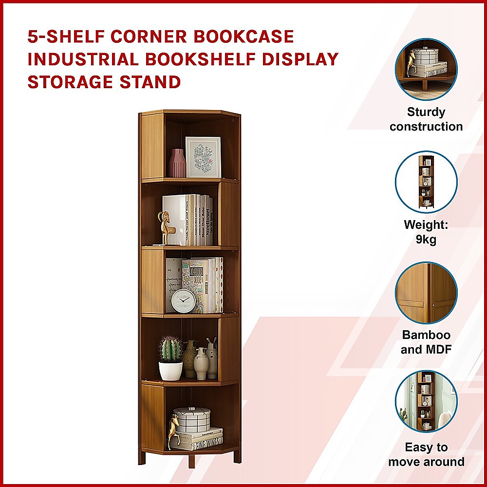 Thebarton 5 Tier Corner Bookshelf, Natural
