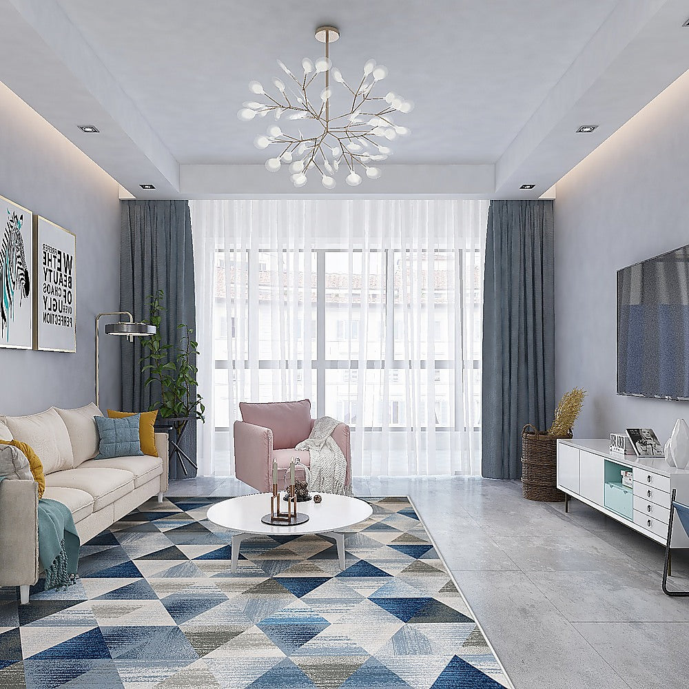 Triangle geometric polypropylene floor rug blue 200x300cm