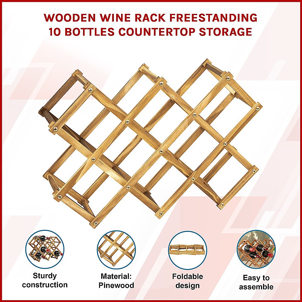 Wooden Wine Rack Freestanding 10 Bottle Countertop Pine view 3
