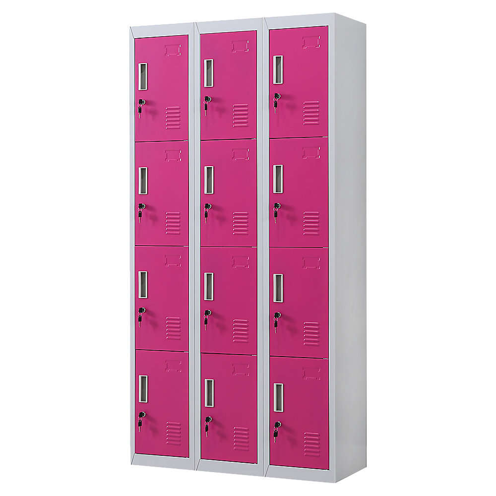 12-Door Steel Storage Locker, Grey with Pink Doors, key lock - image 1