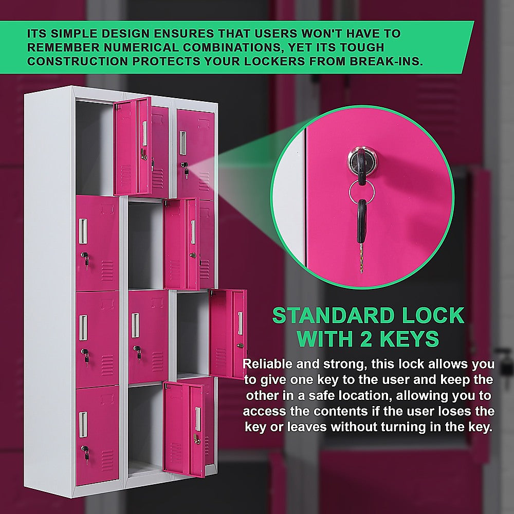 12-Door Steel Storage Locker, Grey with Pink Doors, key lock - image 7