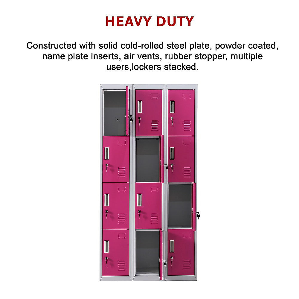 12-Door Steel Storage Locker, Grey with Pink Doors, key lock - image 11