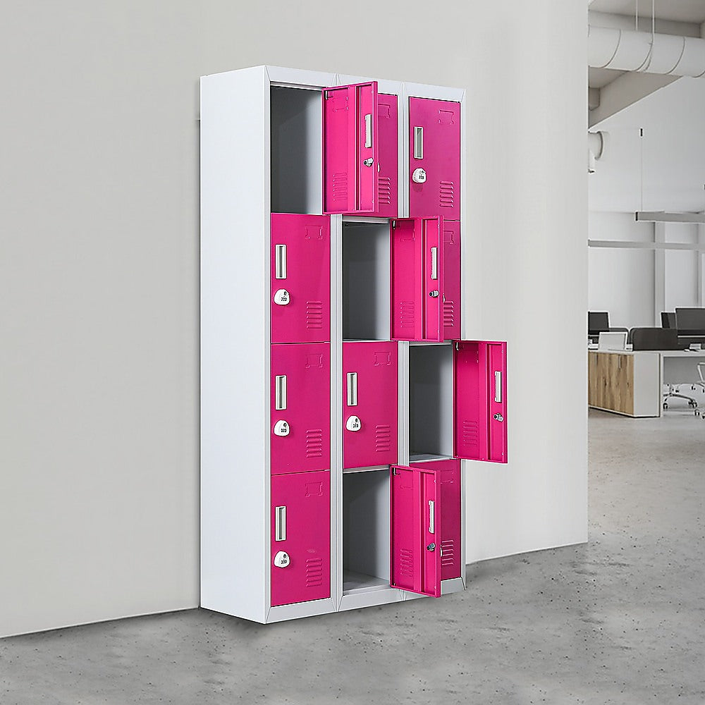 12-Door Steel Storage Locker with 3-Digit Combination Lock, Grey with Pink