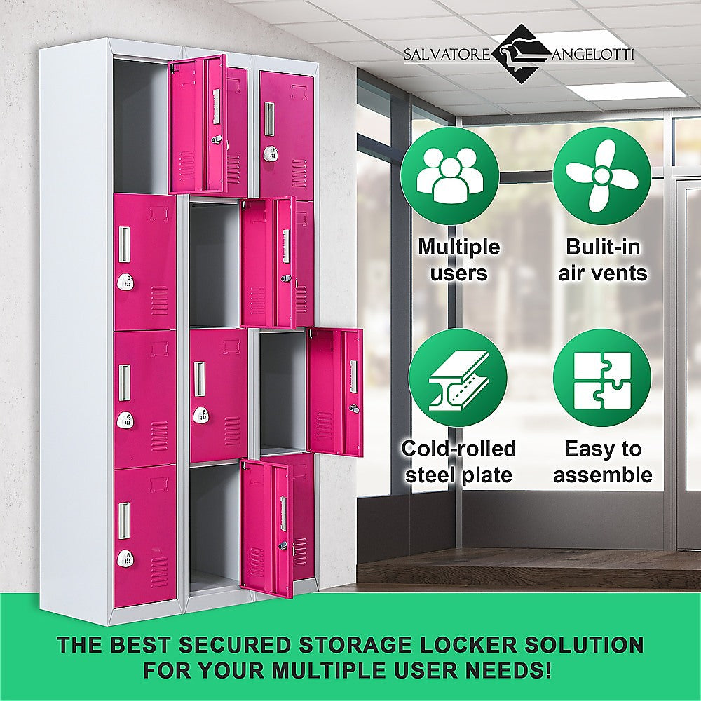 12-Door Steel Storage Locker with 3-Digit Combination Lock, Grey with Pink