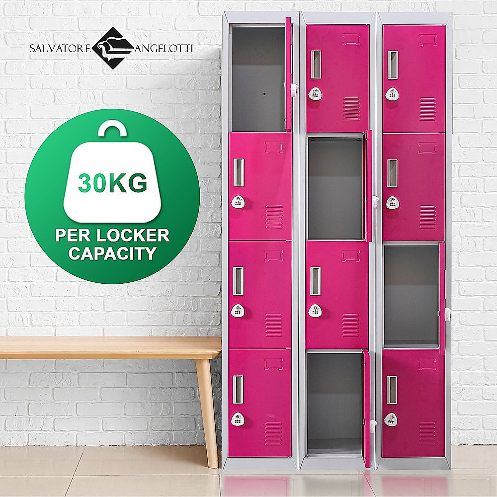 12-Door Steel Storage Locker with 3-Digit Combination Lock, Grey with Pink