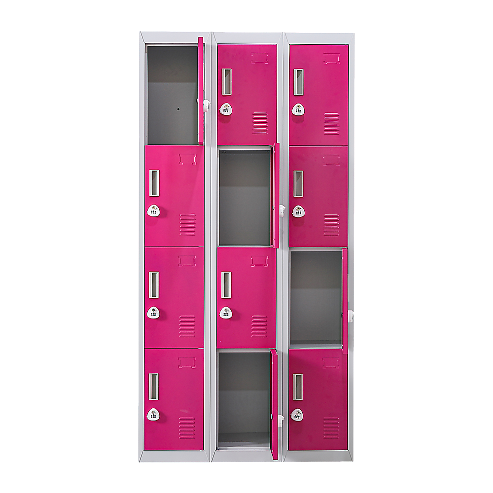 12-Door Steel Storage Locker with 3-Digit Combination Lock, Grey with Pink