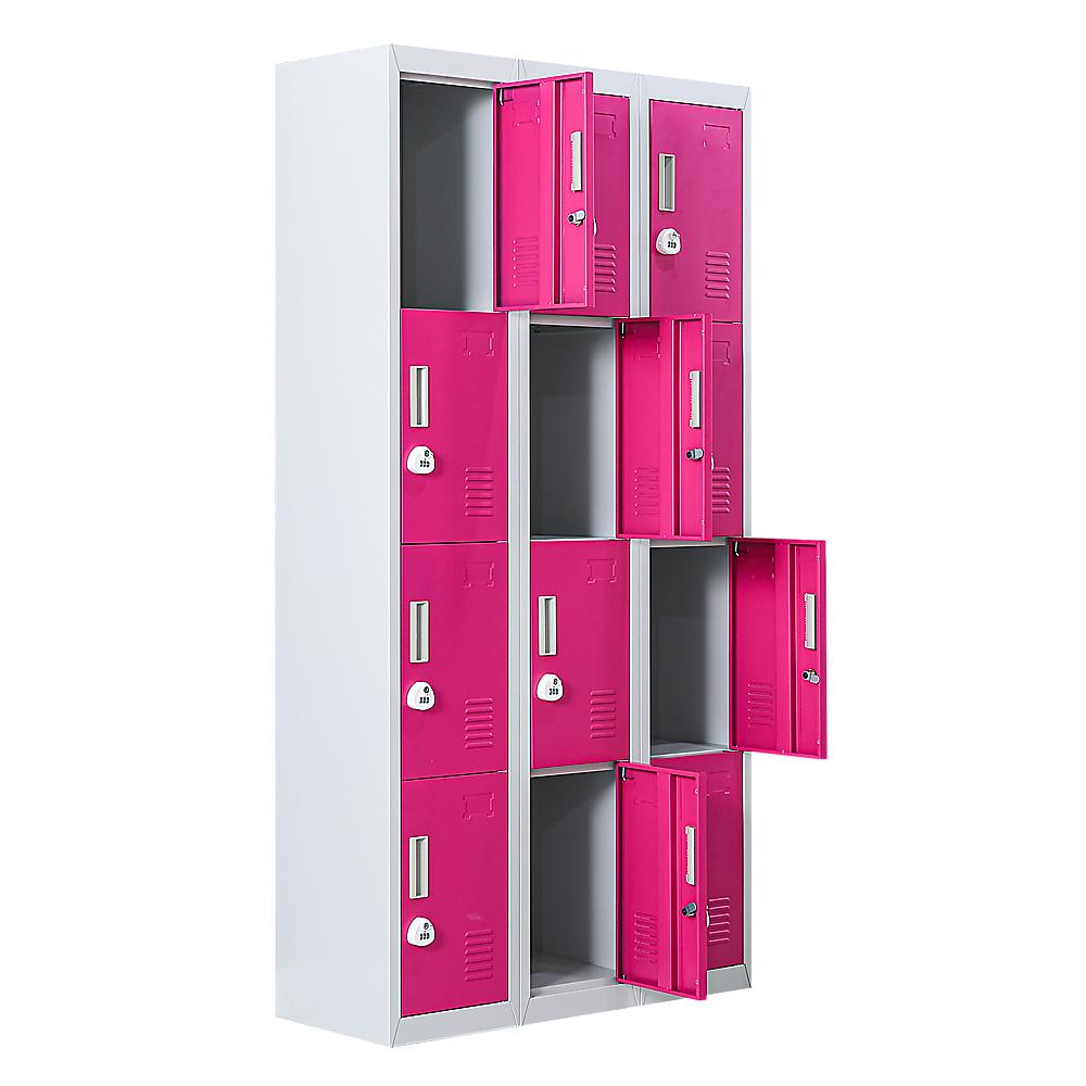 12-Door Steel Storage Locker with 3-Digit Combination Lock, Grey with Pink