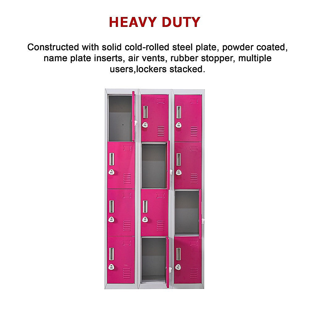 12-Door Steel Storage Locker with 3-Digit Combination Lock, Grey with Pink