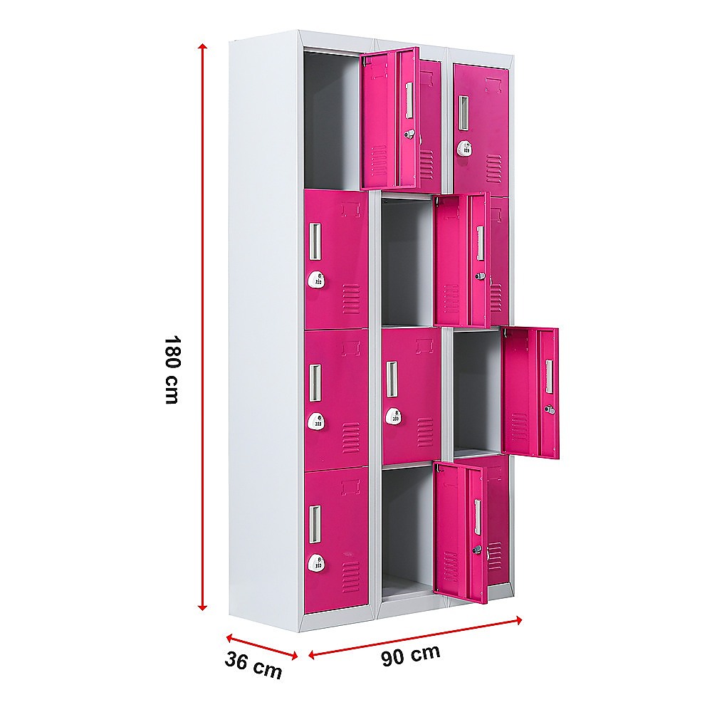 12-Door Steel Storage Locker with 3-Digit Combination Lock, Grey with Pink