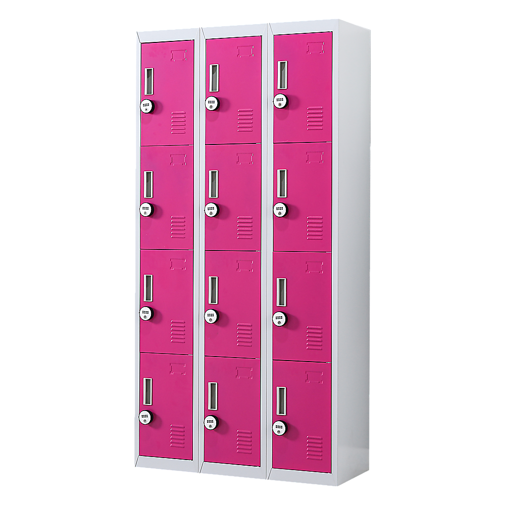 12-Door Steel Storage Locker with 4-Digit Combination Lock, Grey with Pink