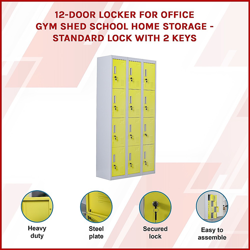 12-Door Steel Storage Locker, Grey with Yellow Doors, key lock - image 3