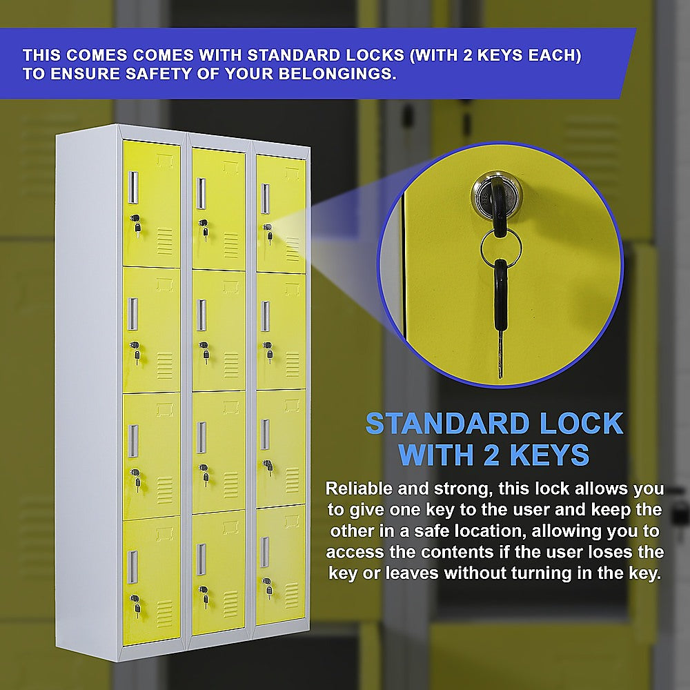 12-Door Steel Storage Locker, Grey with Yellow Doors, key lock - image 8