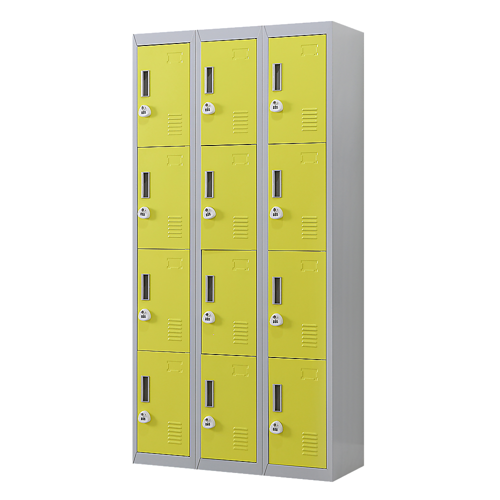 12-Door Steel Storage Locker with 3-Digit Combination Lock, Grey with Yellow