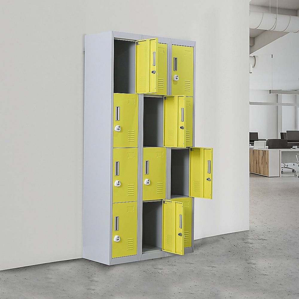 12-Door Steel Storage Locker with 3-Digit Combination Lock, Grey with Yellow
