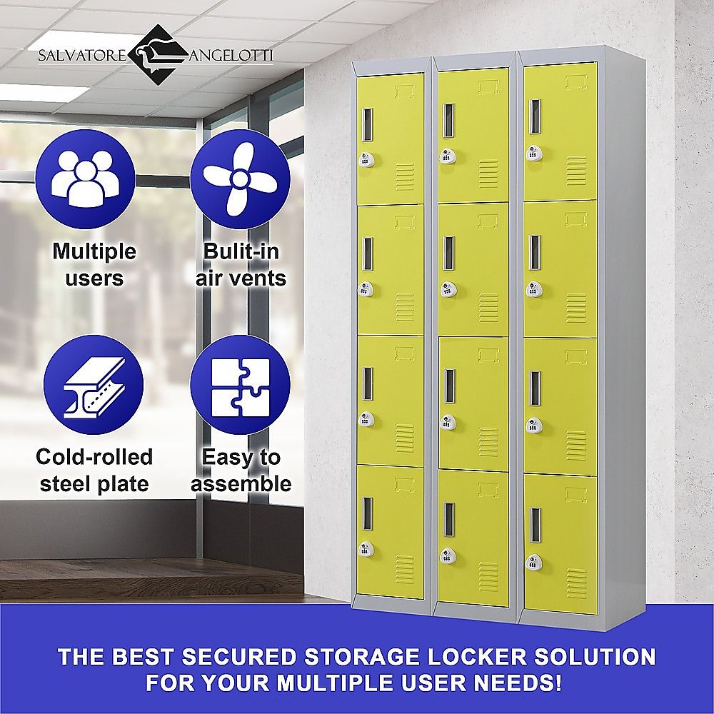 12-Door Steel Storage Locker with 3-Digit Combination Lock, Grey with Yellow