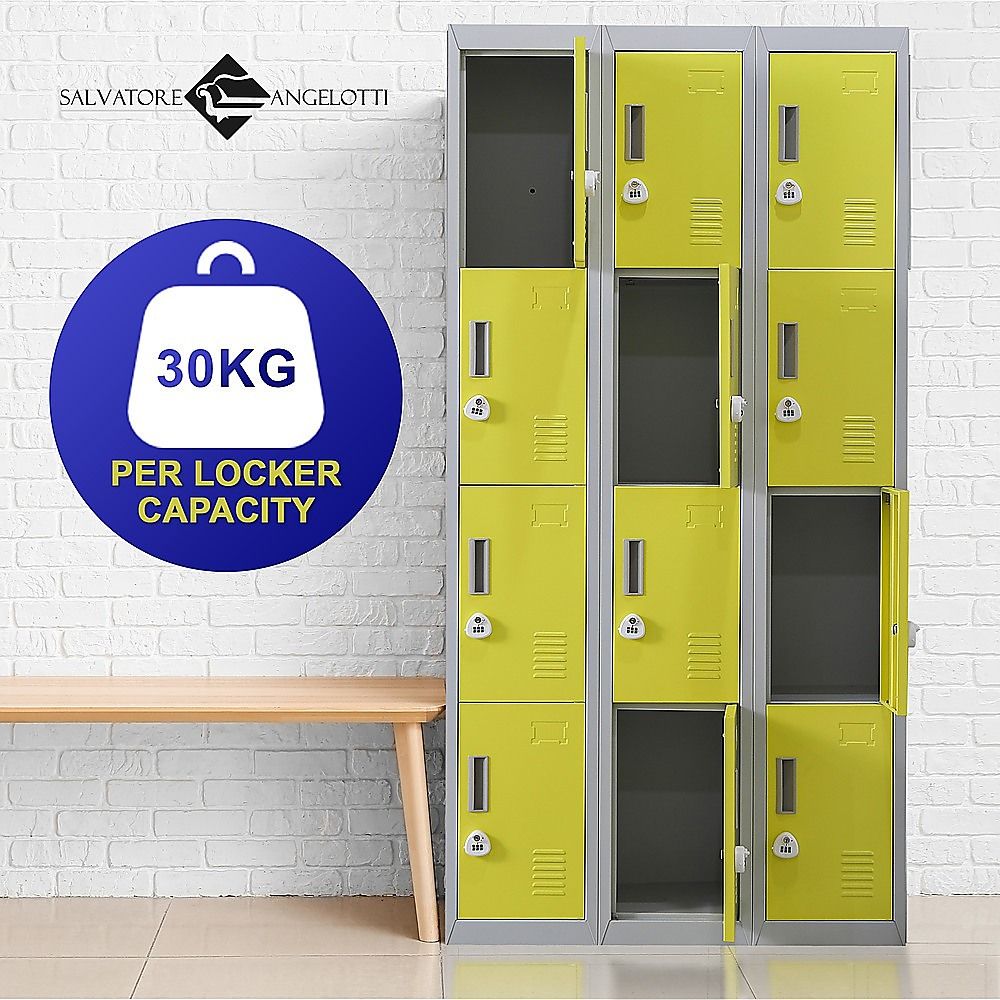 12-Door Steel Storage Locker with 3-Digit Combination Lock, Grey with Yellow